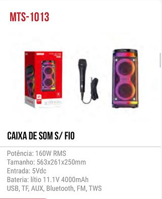 CAIXA DE SOM S/ FIO Potência: 160W RMS Tamanho: 563x261x250mm