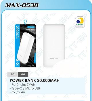POWER BANK 20.000MAH - Potência: 74Wh - Type-C / Micro USB