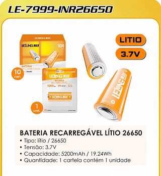BATERIA RECARREGÁVEL LÍTIO 26650