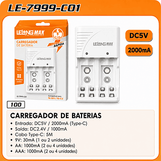 CARREGADOR DE BATERIAS • Entrada: DC5V / 2000mA (Type-C)