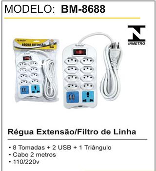 Régua Extensão/Filtro de Linha • 8 Tomadas + 2 USB + 1 Triângulo