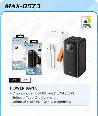 POWER BANK - Capacidade: 510.000mAh ( 185Wh/3.7V) - Entrada: Type-C e Lightning - Saída: USB, USB PD, Type-C e Lightning