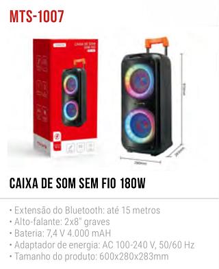 CAIXA DE SOM SEM FIO 180W Extensão do Bluetooth: até 15 metros Tamanho do produto: 600x280x283mm