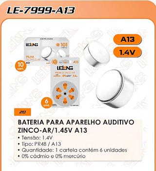 BATERIA PARA APARELHO AUDITIVO ZINCO-AR/1.45V A13/PR48