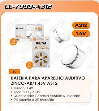 BATERIA PARA APARELHO AUDITIVO ZINCO-AR/1.45V A312/PR41