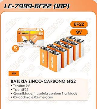 BATERIA ZINCO-CARBONO 6F22 • Tensão: 9V 10pçs