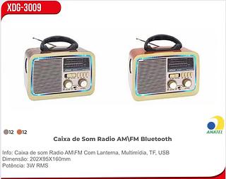 Info: Caixa de som Radio AMIFM Com Lanterna, Multimídia, TF, USB Dimensão: 202X95X160mm Potência: 3W RMS