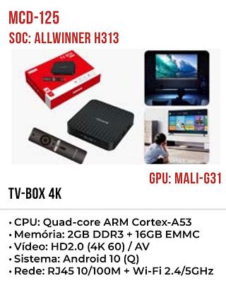 CPU: Quad-core ARM Cortex-A53 • Memória: 2GB DDR3 + 16GB EMMC • Vídeo: HD2.0 (4K 60) / AV • Sistema: Android 10 (Q) • Rede: RJ45 10/100M + Wi-Fi 2.4/5GHz