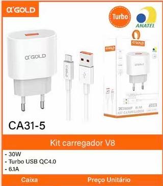 Kit carregador V8 - 30W - Turbo USB QC4.0 - 6.1A
