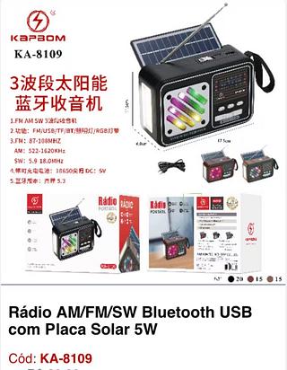 Rádio AM/FM/SW Bluetooth USB com Placa Solar 5W