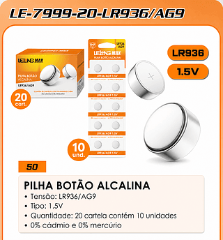 PILHA BOTÃO ALCALINA AG9/LR936/394/194/LR45