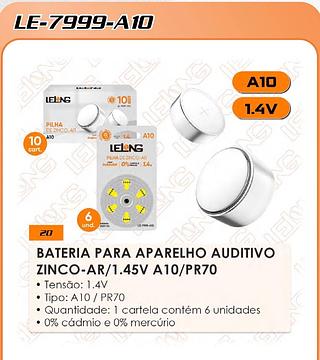 BATERIA PARA APARELHO AUDITIVO ZINCO-AR/1.45V A10/PR70